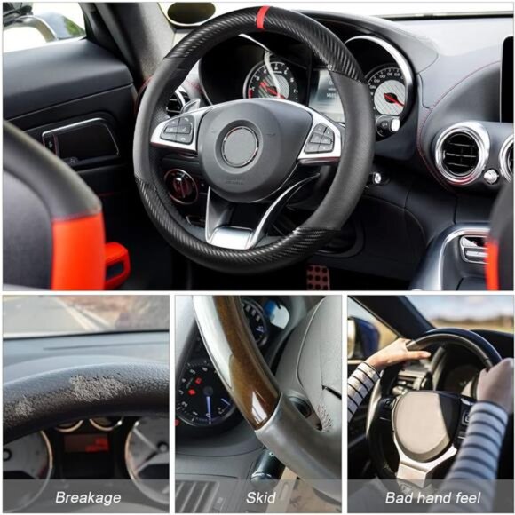 Carbon Fiber Car Steering Wheel Cover, Universal 15 inch Breathable Anti Slip - Picture 2 of 7